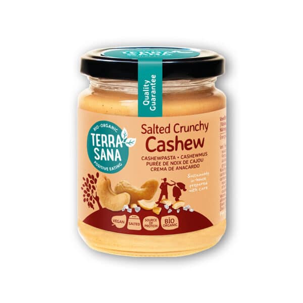 Das Bio Cashewmus Crunchy von TerraSana ist aus Cashewnüssen aus biologischem Anbau in Kombination mit etwas Steinsalz. Dieses Cashewmus ist in seinem Geschmack einzigartig und ideal als Brotaufstrich.
