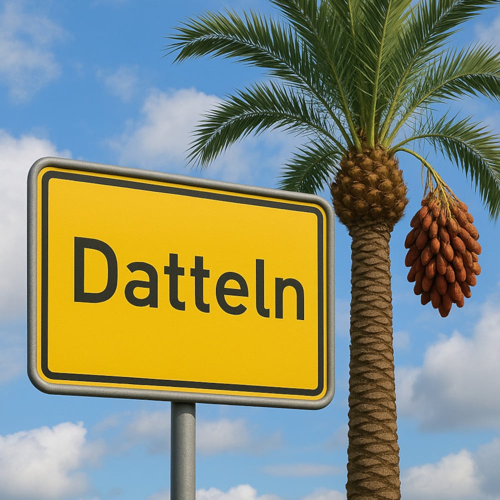 Ortsschild Datteln mit Dattelpalme – Stadtname trifft Frucht