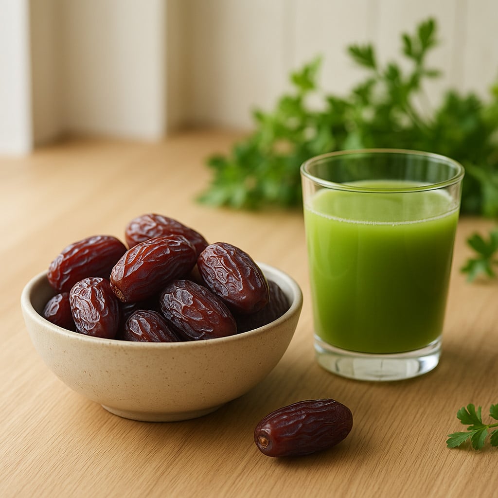 Schale mit frischen Medjool Datteln neben einem Glas grüner Selleriesaft auf Holz – inspiriert von der Anthony-William-Ernährung