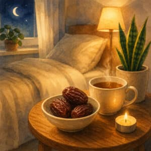 Gemalte Illustration einer Schale Medjool-Datteln mit Kräutertee im Schlafzimmer als Symbol für einen gesunden Abendsnack und besseren Schlaf.